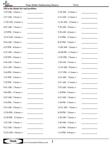 Math Drills Worksheets - Subtracting Hours worksheet